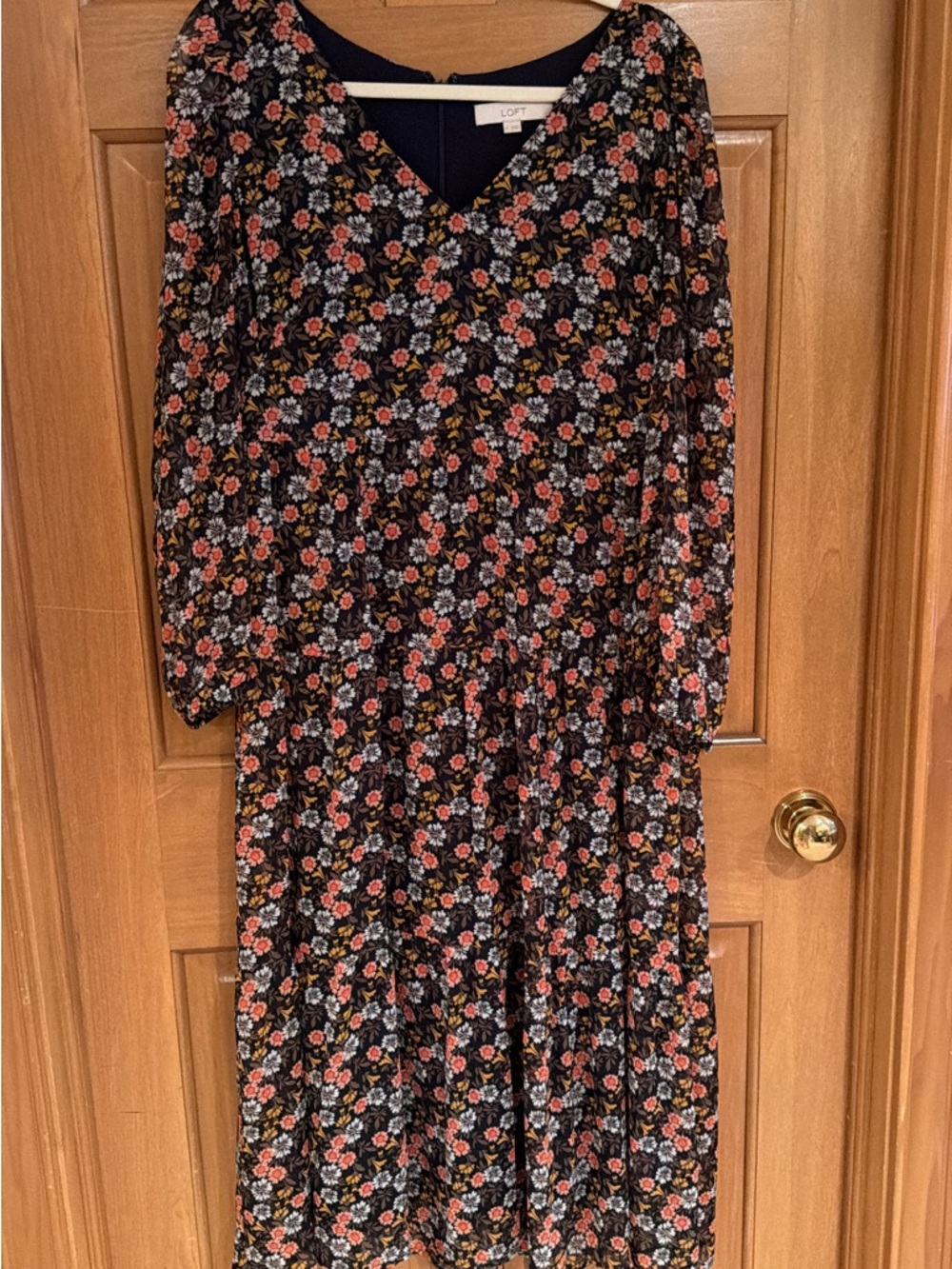 LOFT Black Floral Tiered Midi Dress with Pink and Blue Blooms
